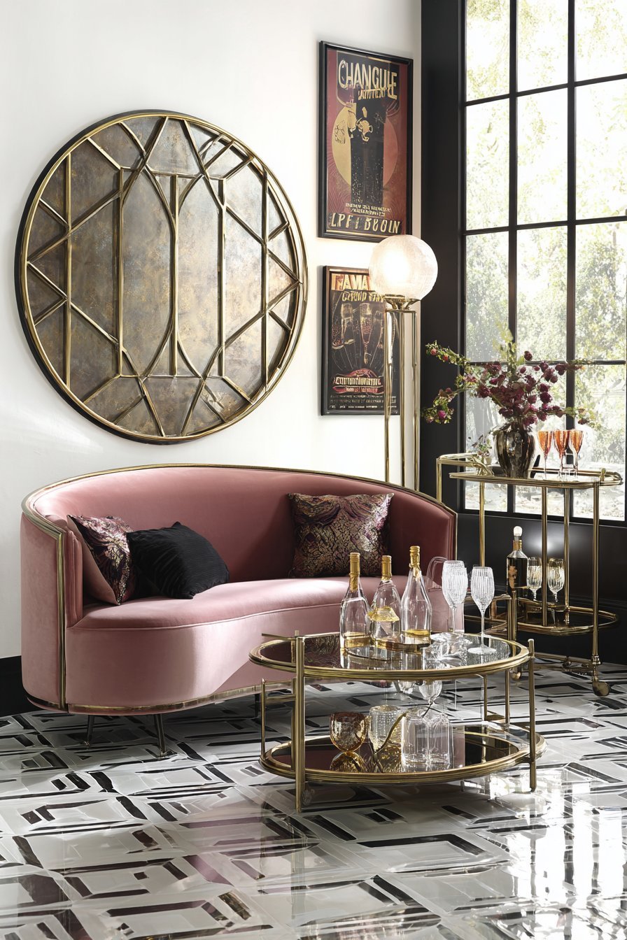 Art Deco living room with round gold mirror, geometric metal panels and dusty rose curved velvet sofa