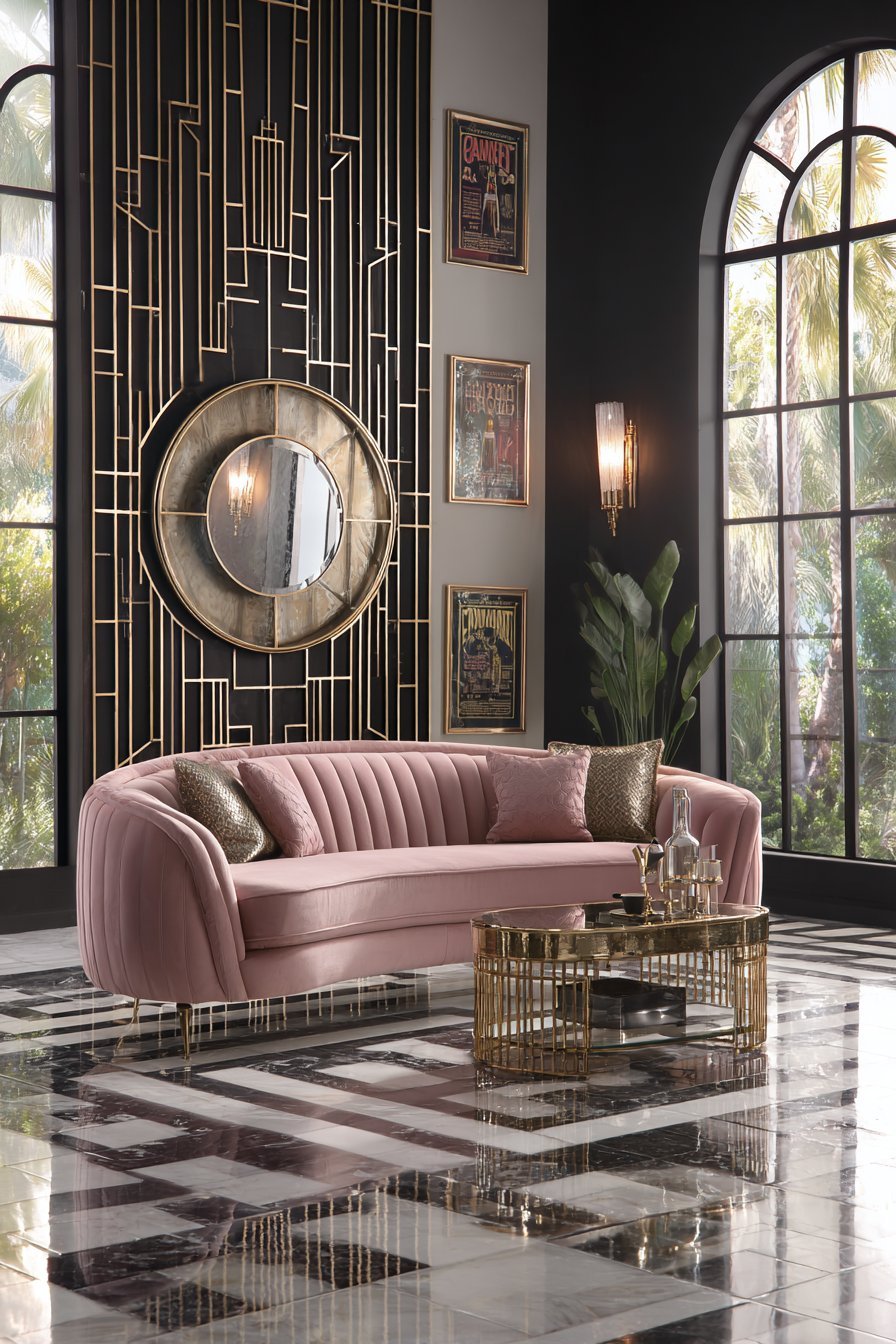 Art Deco living room with round gold mirror, geometric metal panels and dusty rose curved velvet sofa