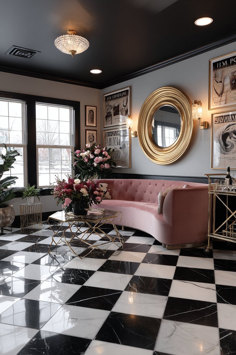 Art Deco living room with round gold mirror, geometric metal panels and dusty rose curved velvet sofa