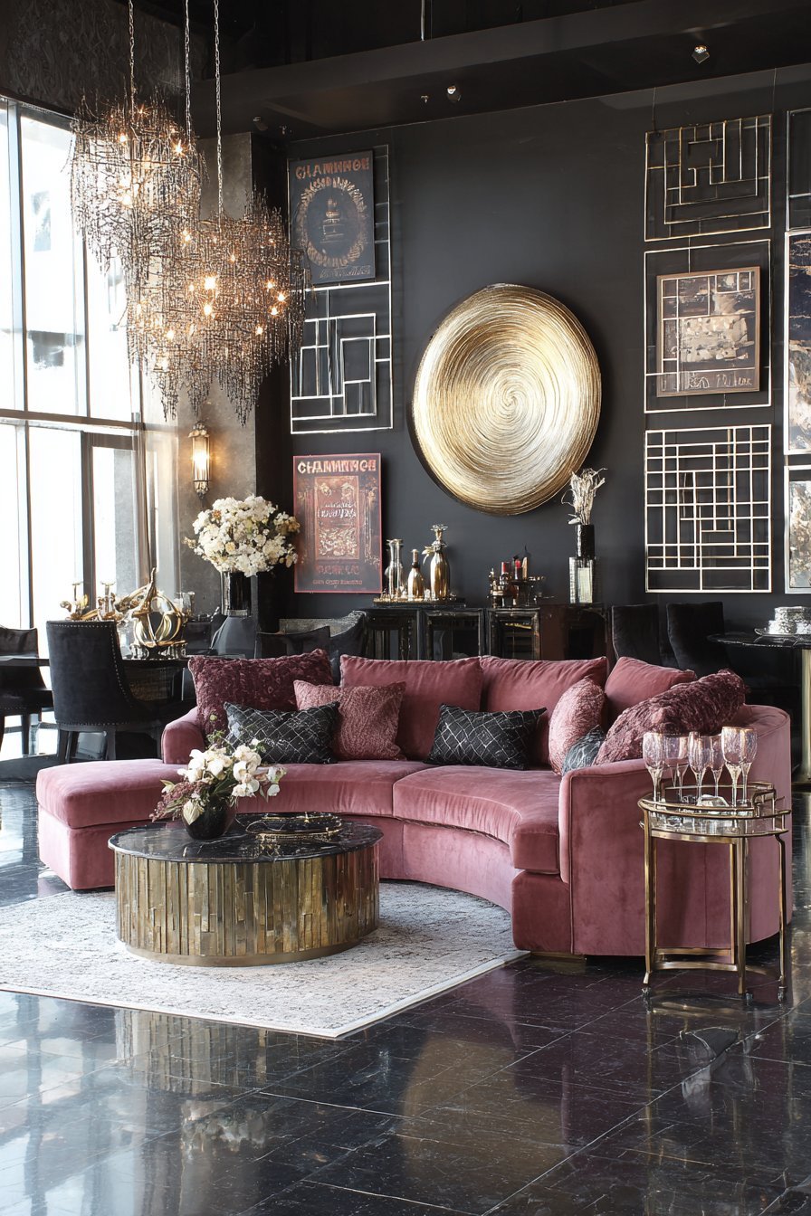 Art Deco living room with round gold mirror, geometric metal panels and dusty rose curved velvet sofa