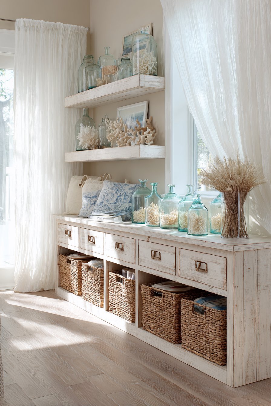 Whitewashed pine console with seagrass baskets, rope handles and floating shelves with coral and glass bottles