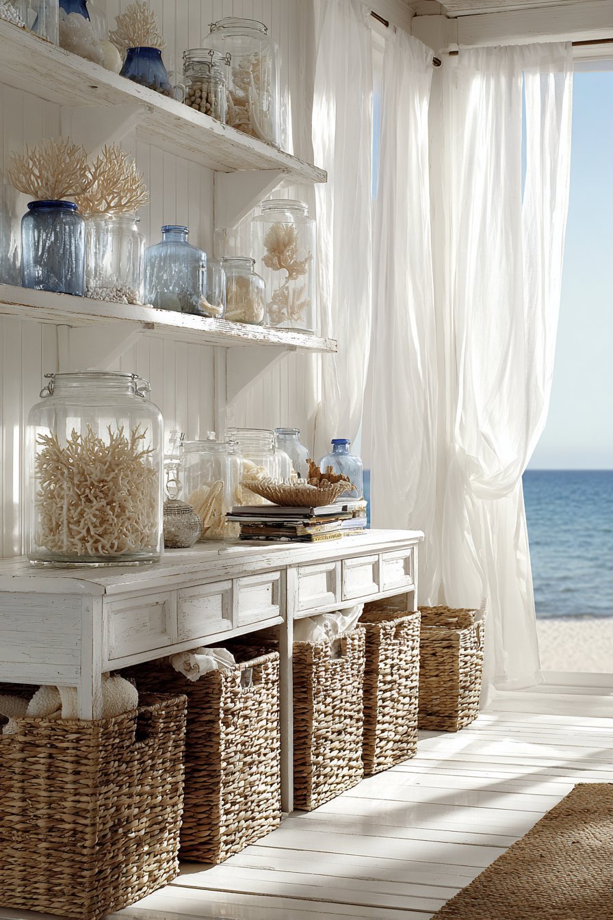 Whitewashed pine console with seagrass baskets, rope handles and floating shelves with coral and glass bottles