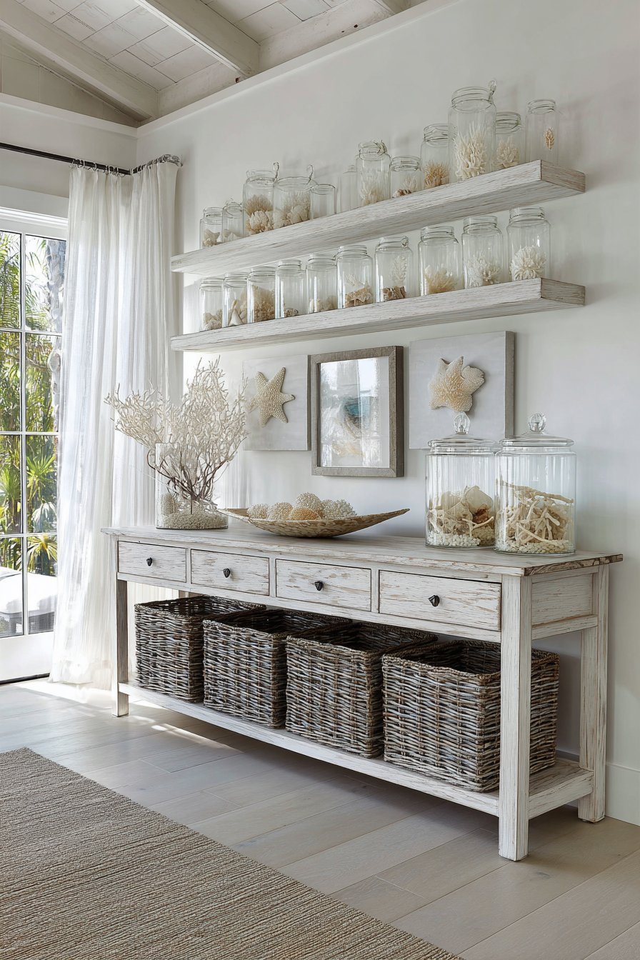 Whitewashed pine console with seagrass baskets, rope handles and floating shelves with coral and glass bottles