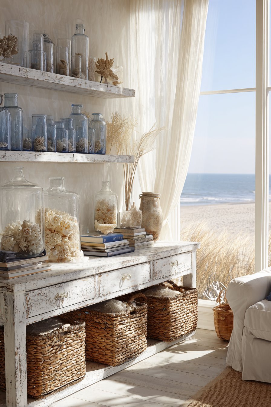 Whitewashed pine console with seagrass baskets, rope handles and floating shelves with coral and glass bottles