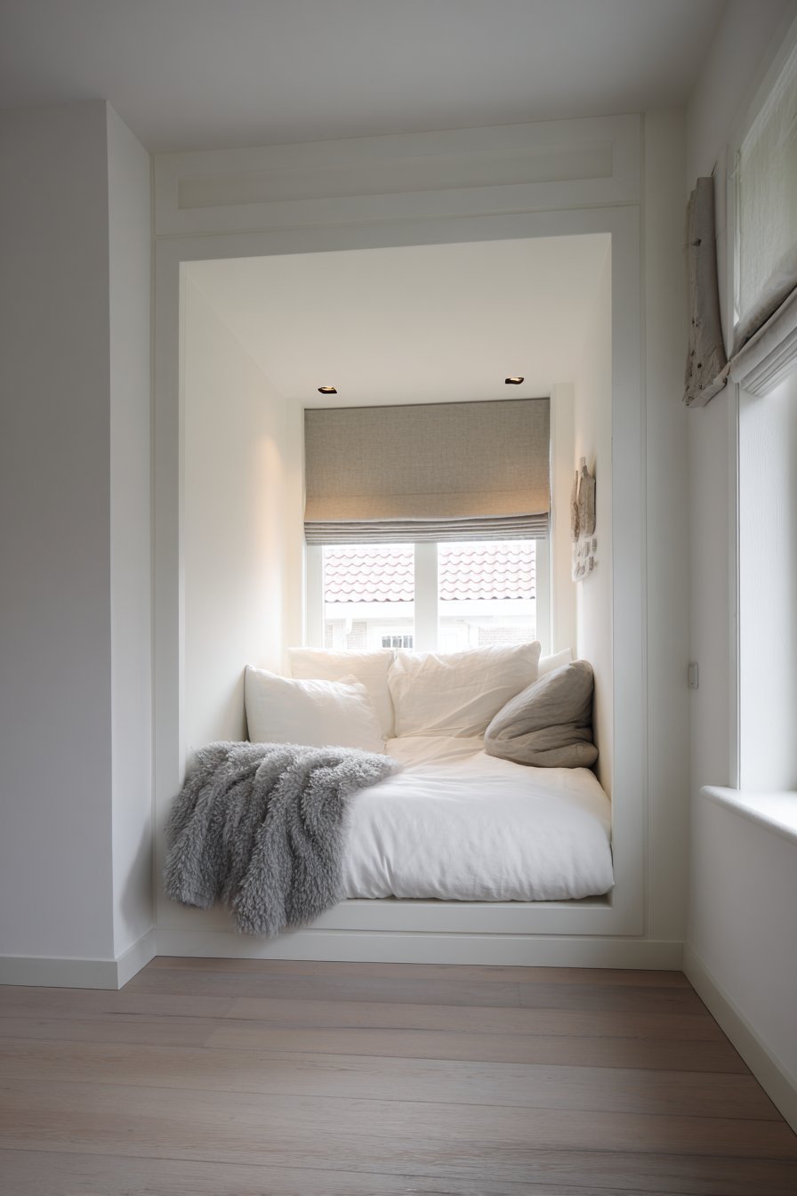 Upholstered grey sleeping alcove with white bedding, recessed LED strip and pale ash floor