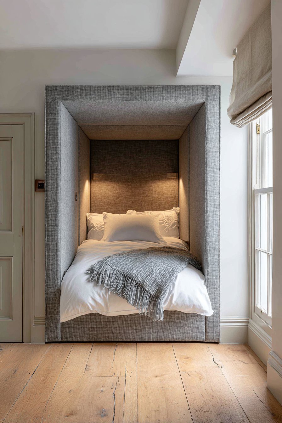 Upholstered grey sleeping alcove with white bedding, recessed LED strip and pale ash floor