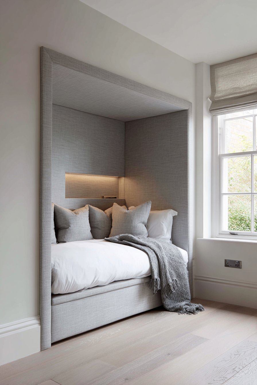 Upholstered grey sleeping alcove with white bedding, recessed LED strip and pale ash floor