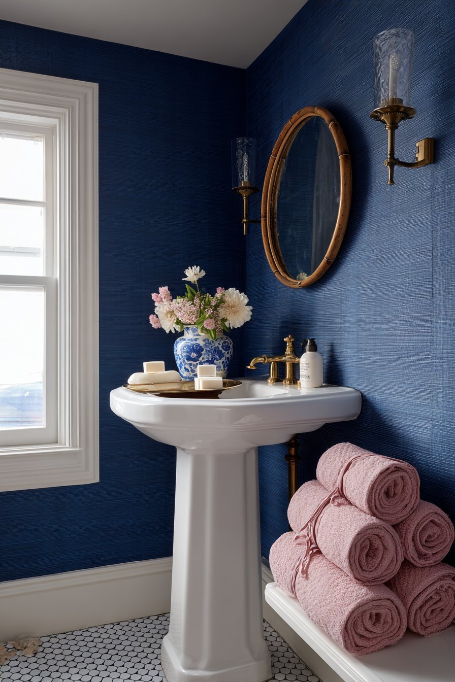 Navy Grasscloth Powder Room