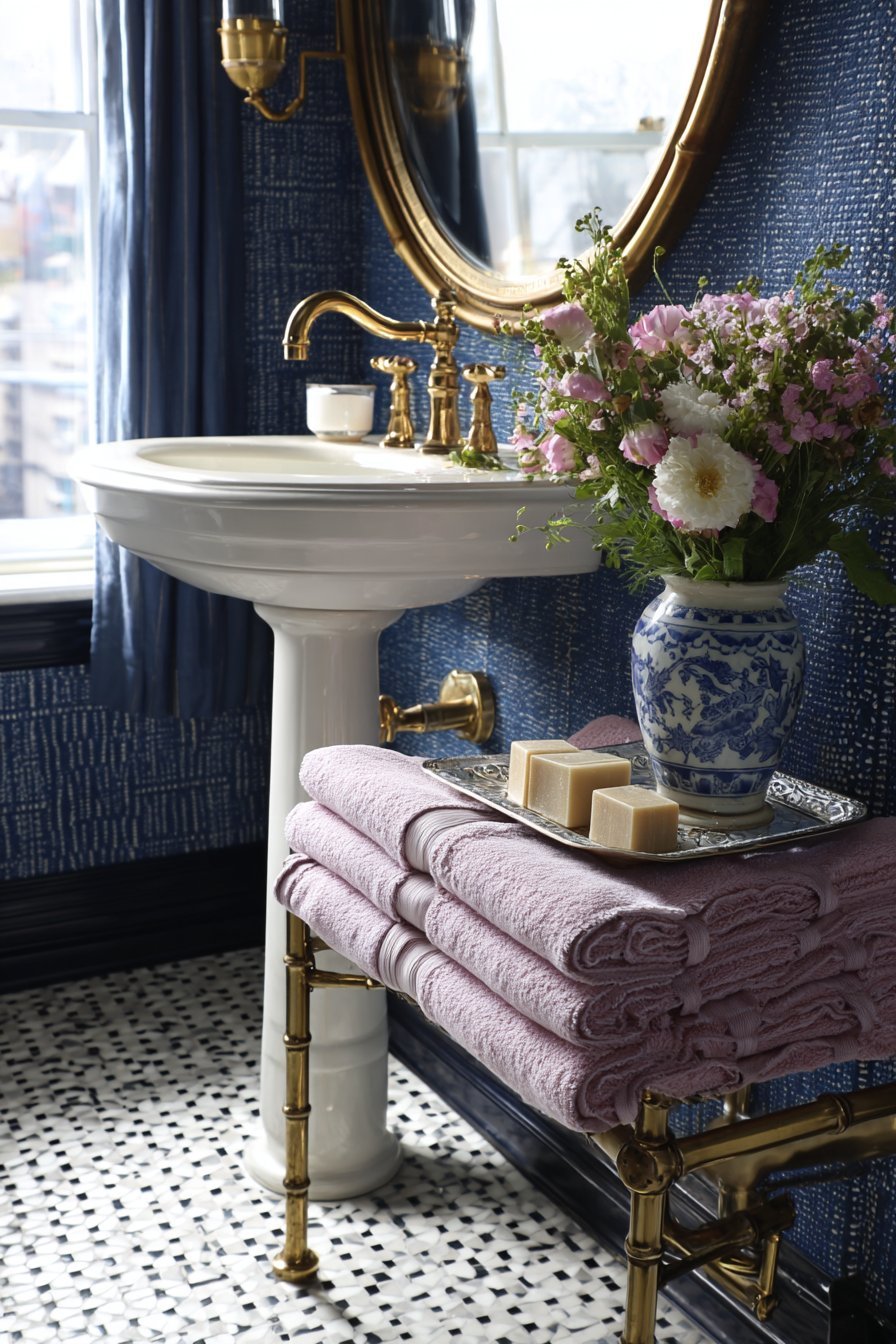 Navy Grasscloth Powder Room