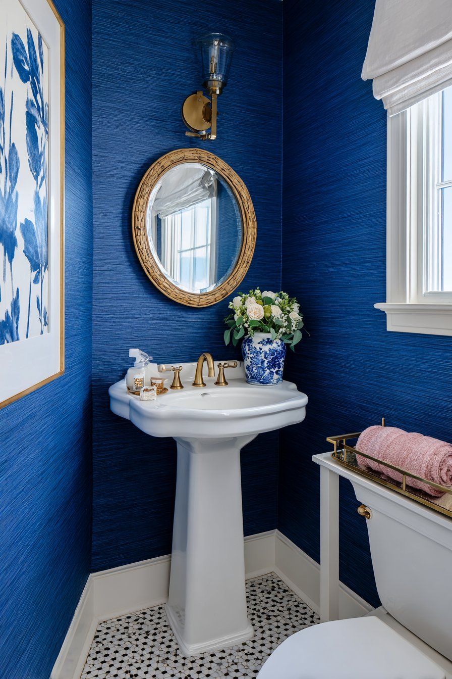 Navy Grasscloth Powder Room