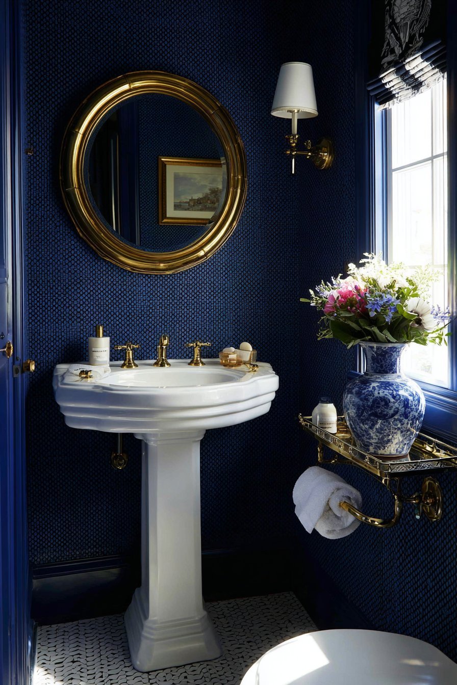 Navy Grasscloth Powder Room