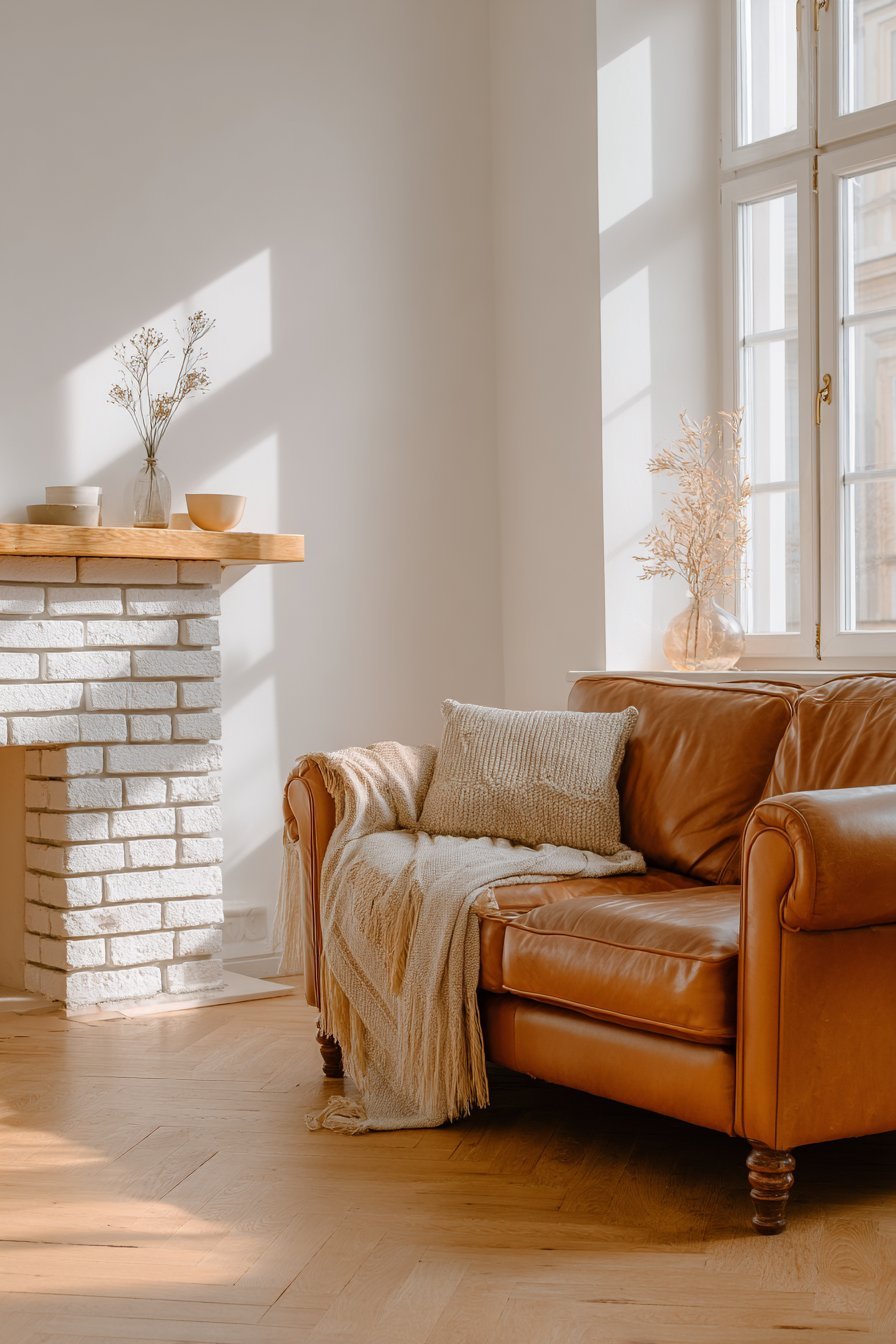 White painted brick fireplace with oak mantel, cognac leather sofa and cream striped wool throw