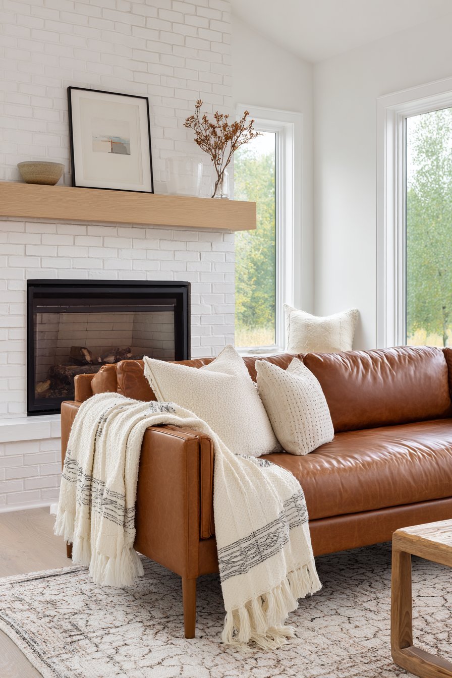 White painted brick fireplace with oak mantel, cognac leather sofa and cream striped wool throw