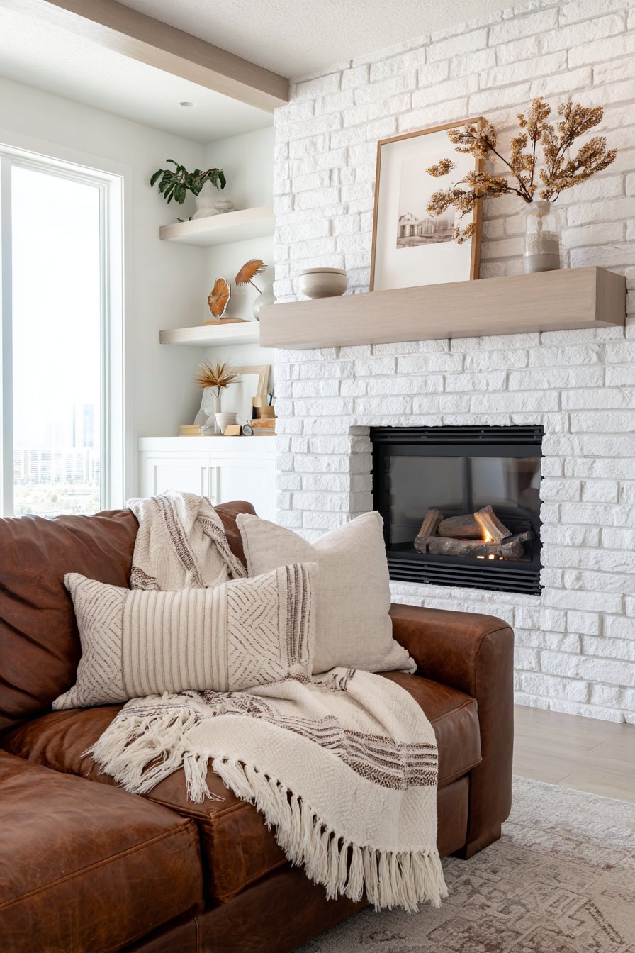 White painted brick fireplace with oak mantel, cognac leather sofa and cream striped wool throw