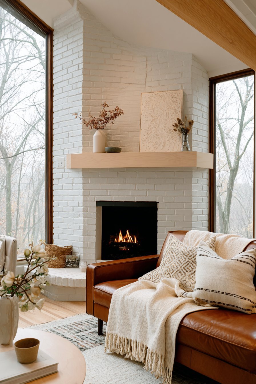 White painted brick fireplace with oak mantel, cognac leather sofa and cream striped wool throw