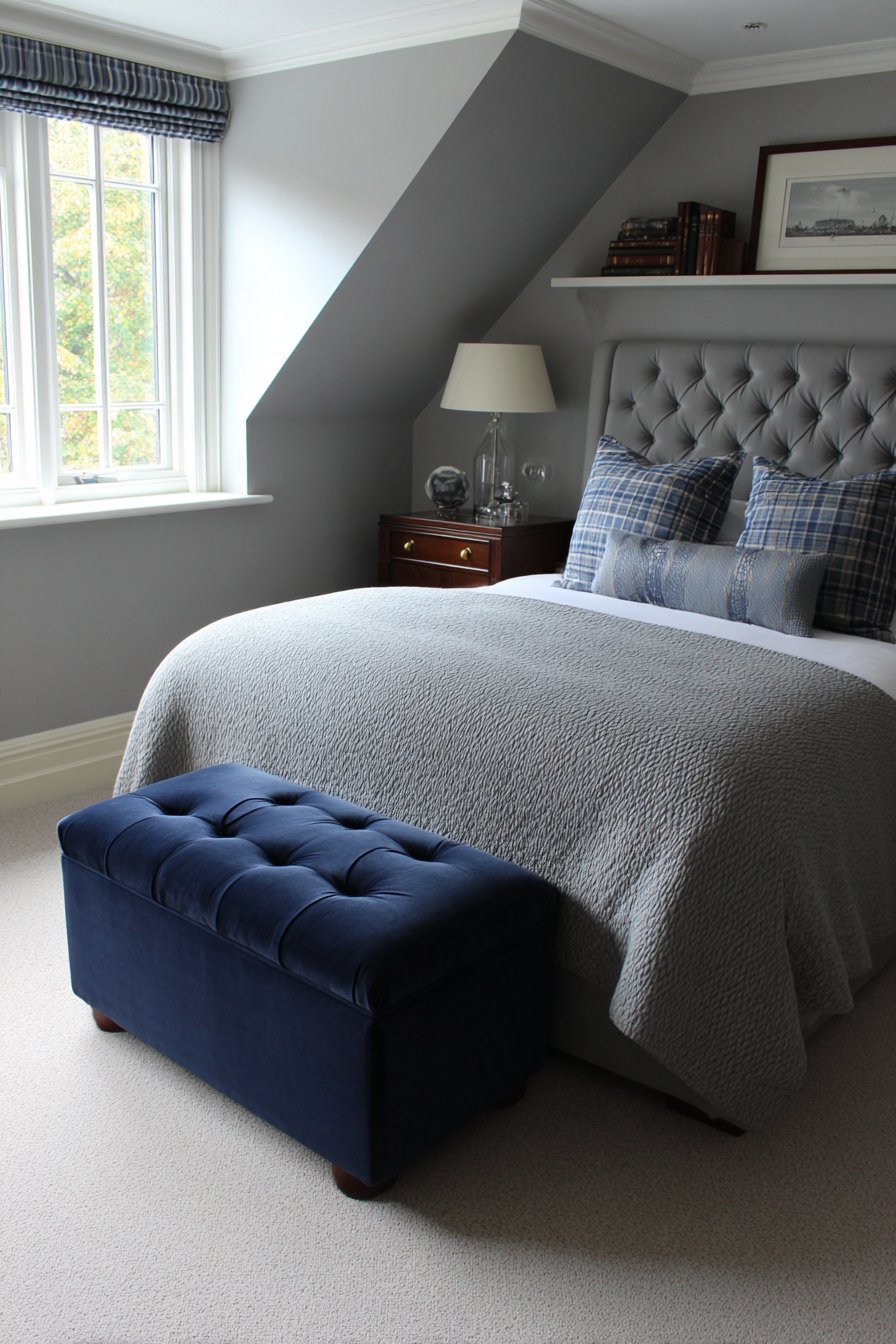 Diagonal bed placement in a small bedroom with corner floating shelves and navy velvet bench