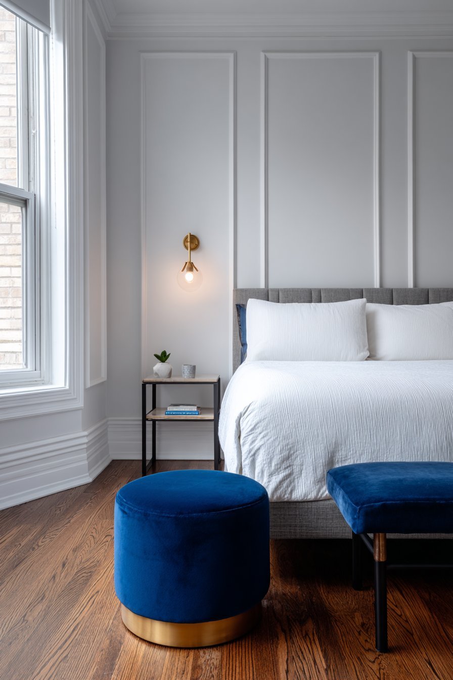 Diagonal bed placement in a small bedroom with corner floating shelves and navy velvet bench