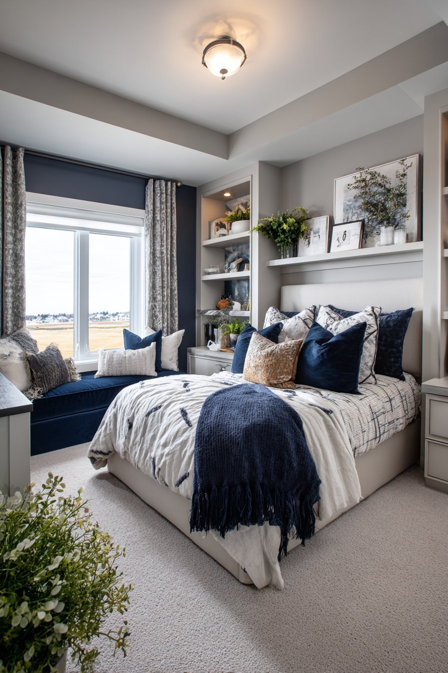 Diagonal bed placement in a small bedroom with corner floating shelves and navy velvet bench