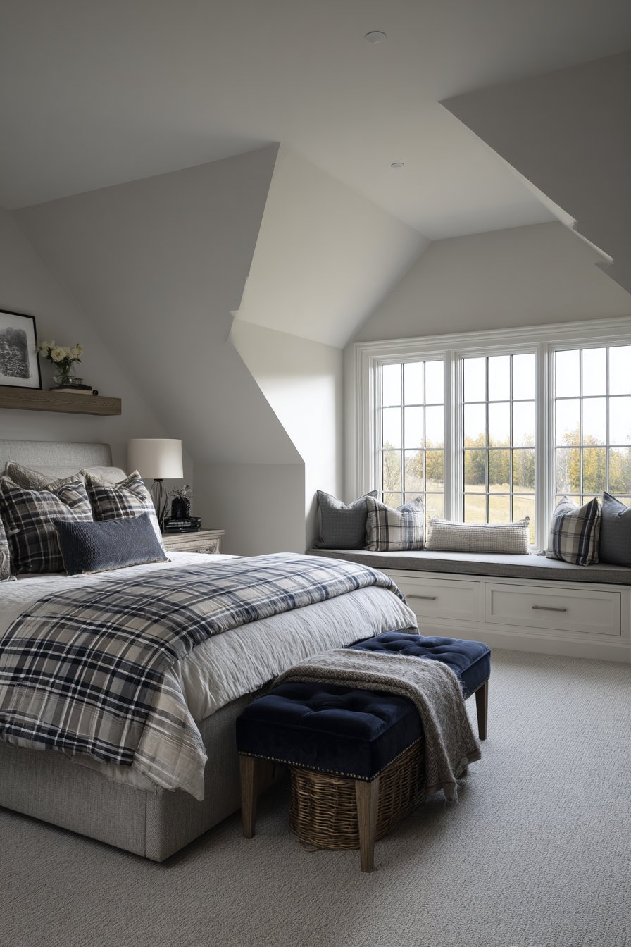 Diagonal bed placement in a small bedroom with corner floating shelves and navy velvet bench
