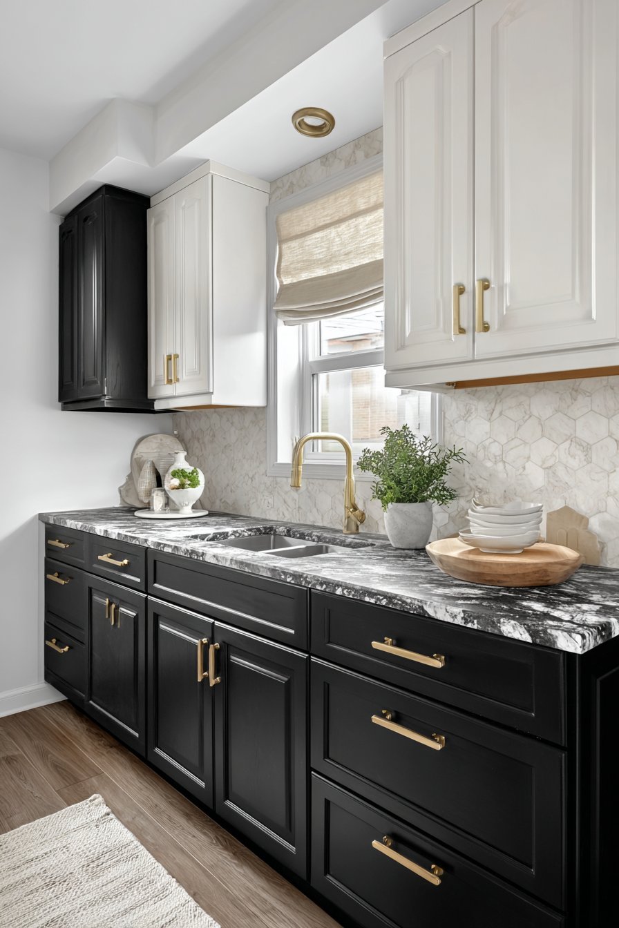 Black lower cabinets, white uppers, hexagonal tile backsplash and brass hardware in a compact kitchen