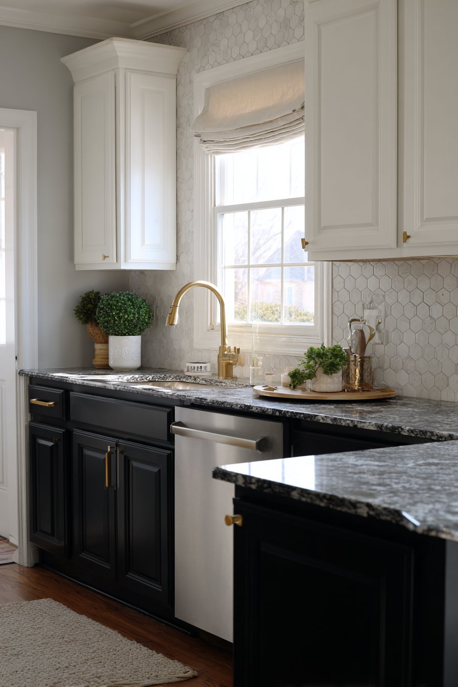 Black lower cabinets, white uppers, hexagonal tile backsplash and brass hardware in a compact kitchen