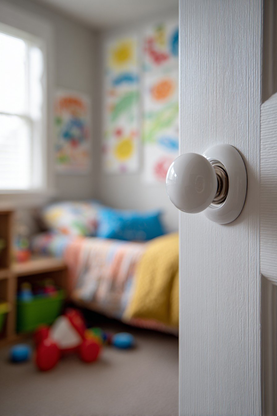 White child's bedroom door with chalkboard panel, colorful chalk drawings and a lower pull handle