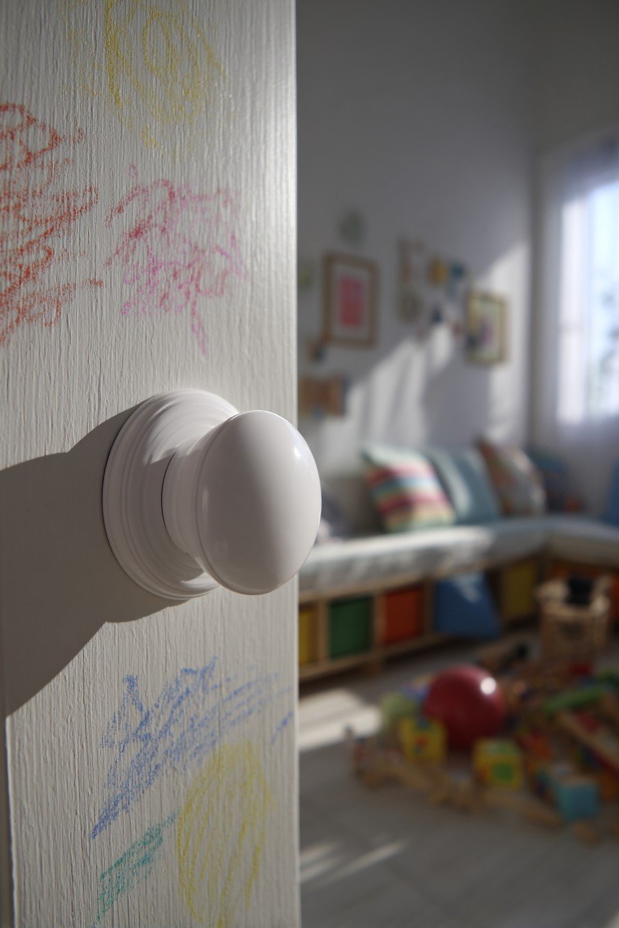White child's bedroom door with chalkboard panel, colorful chalk drawings and a lower pull handle