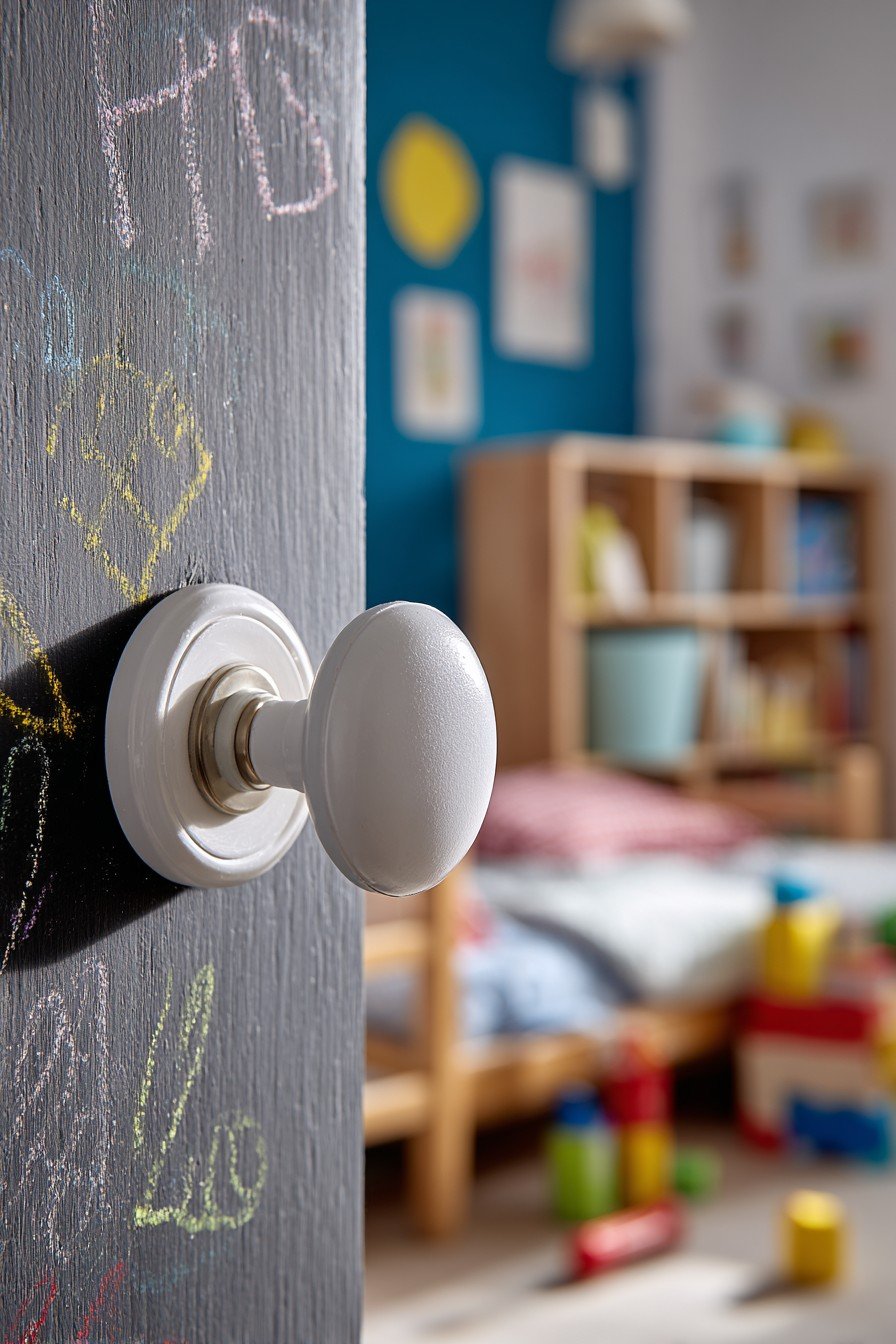 White child's bedroom door with chalkboard panel, colorful chalk drawings and a lower pull handle