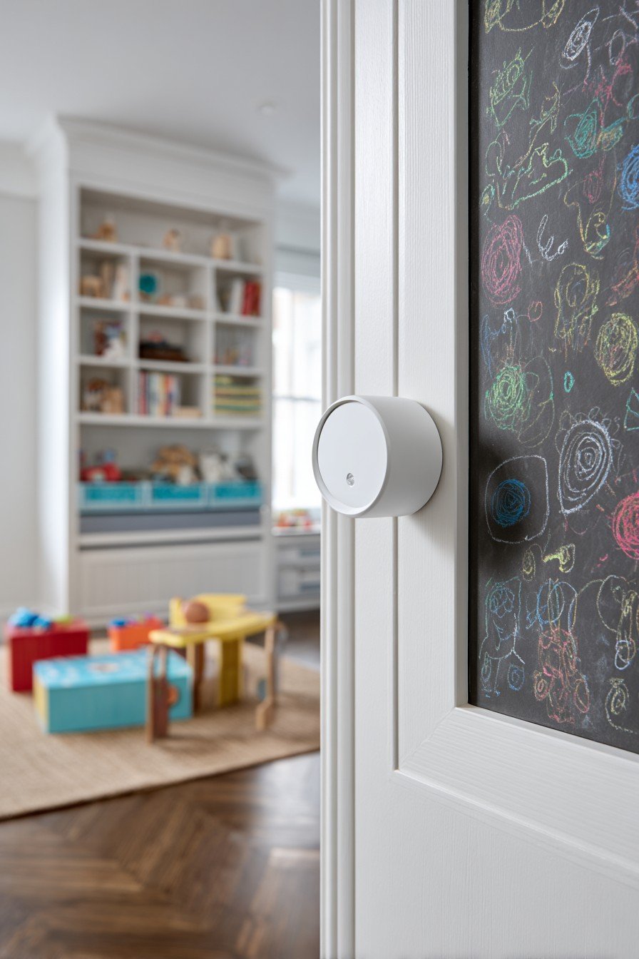 White child's bedroom door with chalkboard panel, colorful chalk drawings and a lower pull handle