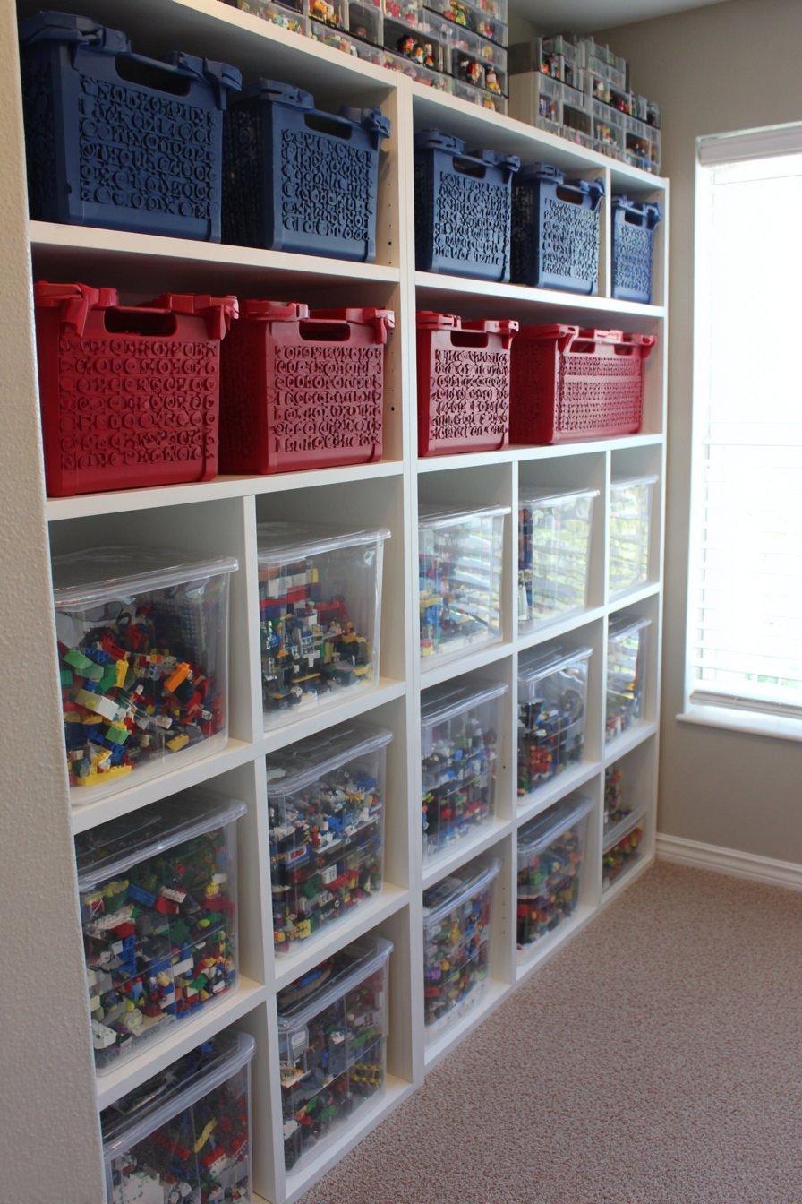 Blue and red portable Lego caddies with handled trays and snap-on building platforms on a shared shelving unit