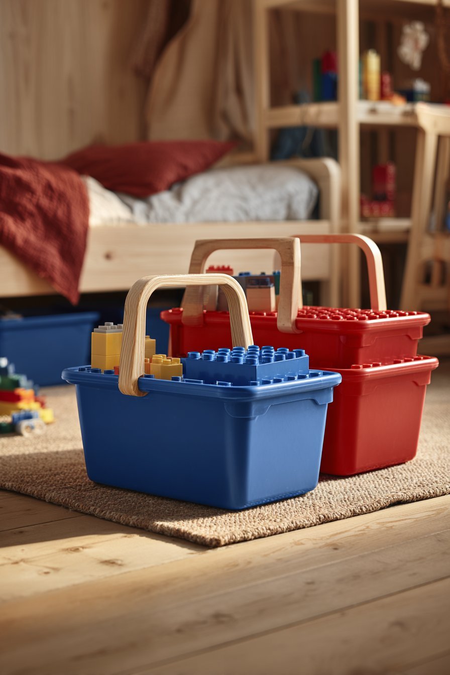 Blue and red portable Lego caddies with handled trays and snap-on building platforms on a shared shelving unit