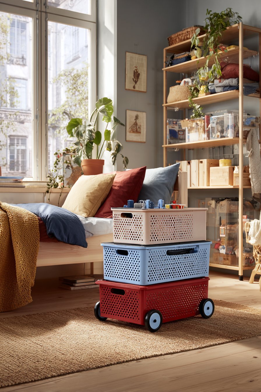 Blue and red portable Lego caddies with handled trays and snap-on building platforms on a shared shelving unit