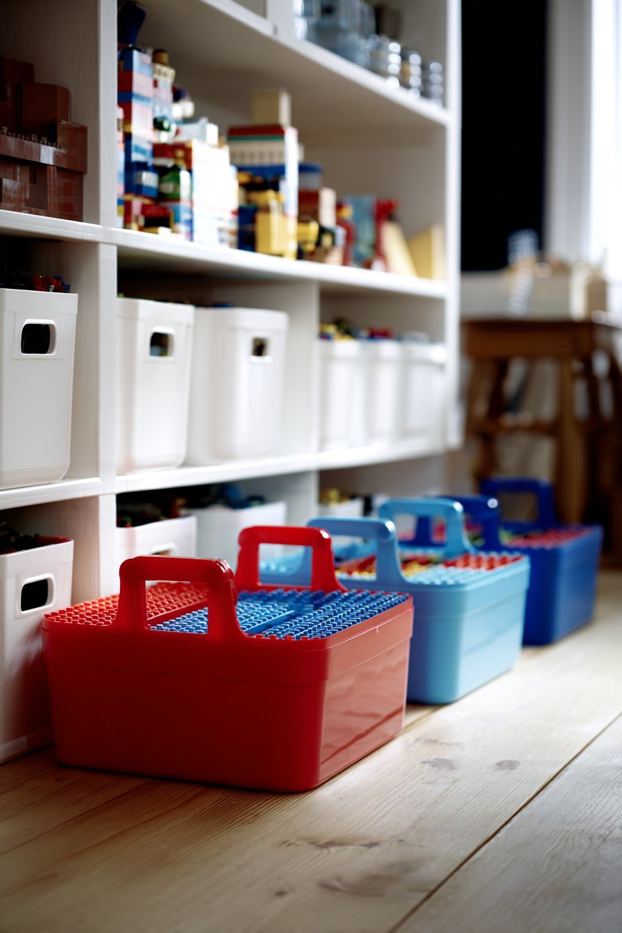 Blue and red portable Lego caddies with handled trays and snap-on building platforms on a shared shelving unit