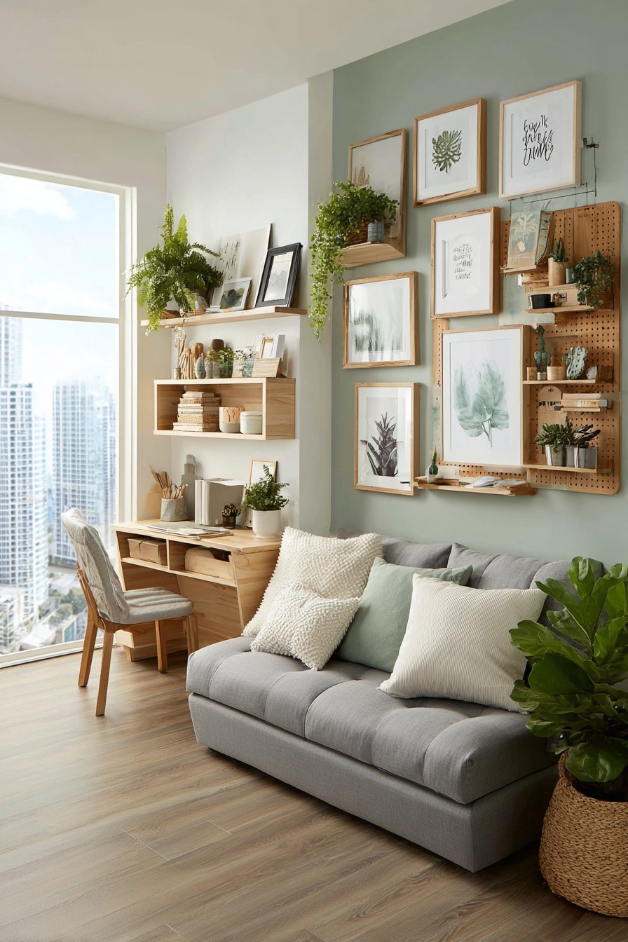 Small apartment living room with floating shelves, fold-down desk, sage pegboard and grey loveseat