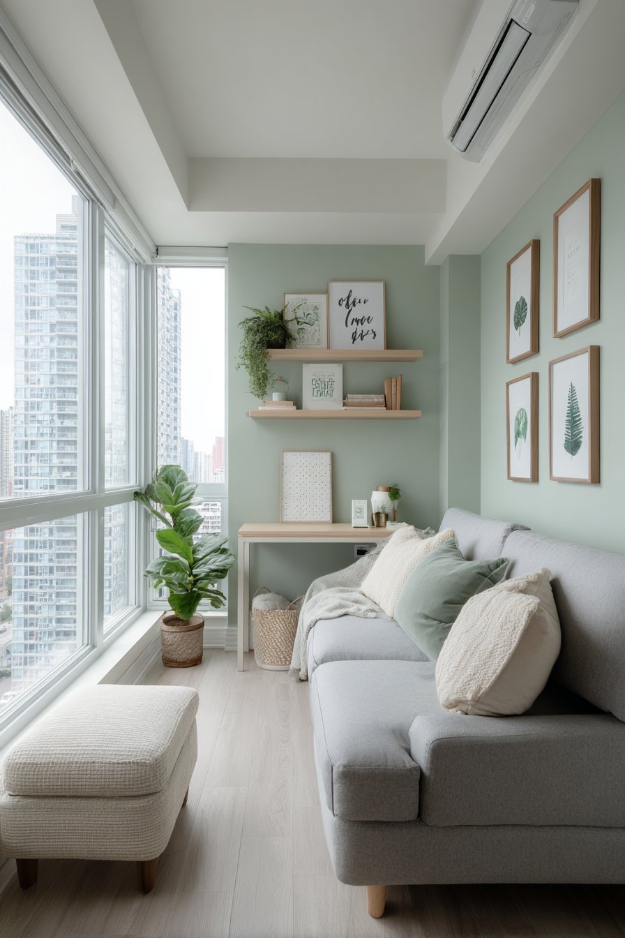 Small apartment living room with floating shelves, fold-down desk, sage pegboard and grey loveseat