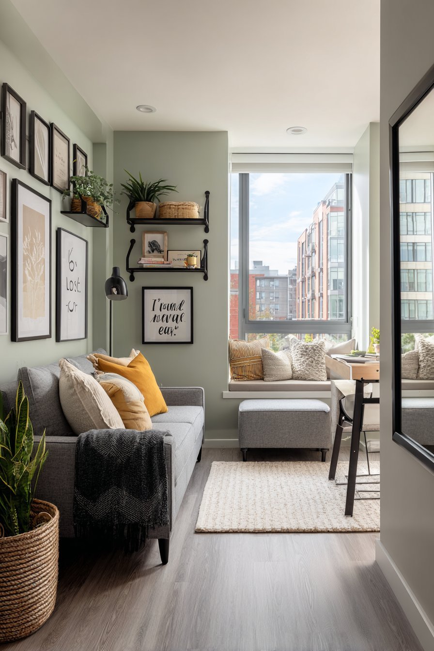 Small apartment living room with floating shelves, fold-down desk, sage pegboard and grey loveseat