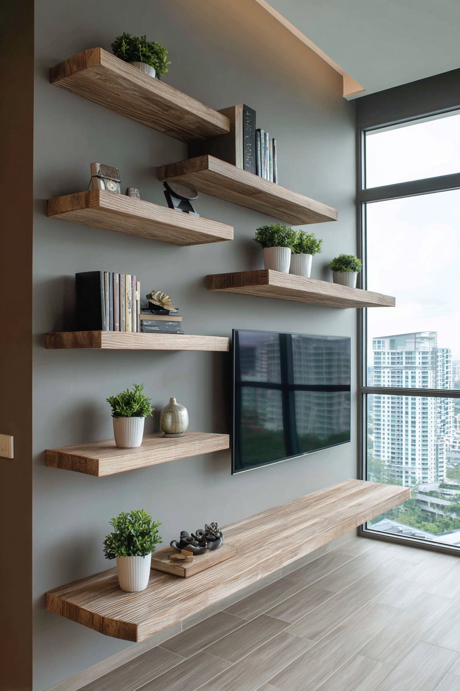 Light maple floating shelves in varied lengths around a wall-mounted TV on grey walls