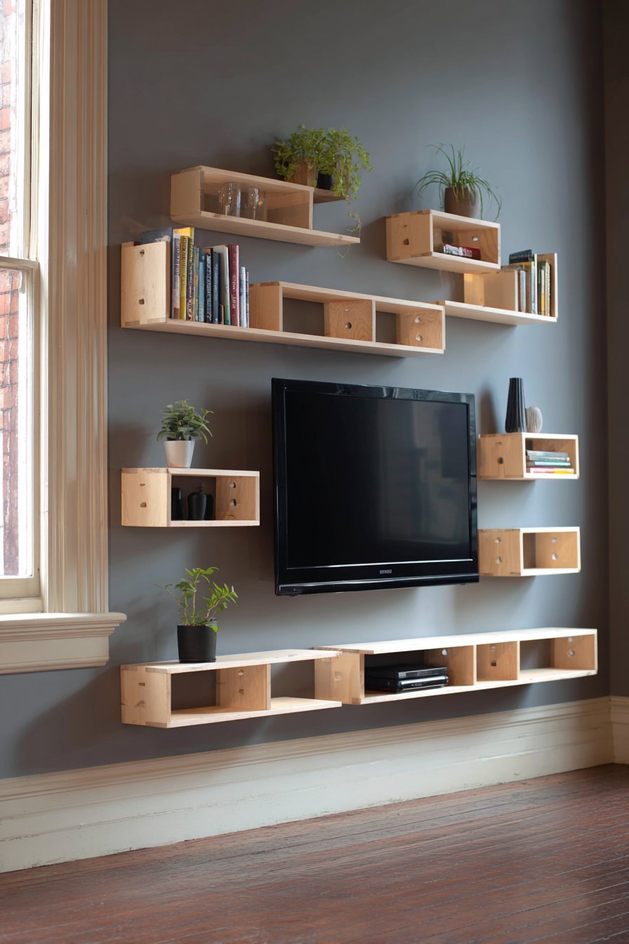 Light maple floating shelves in varied lengths around a wall-mounted TV on grey walls