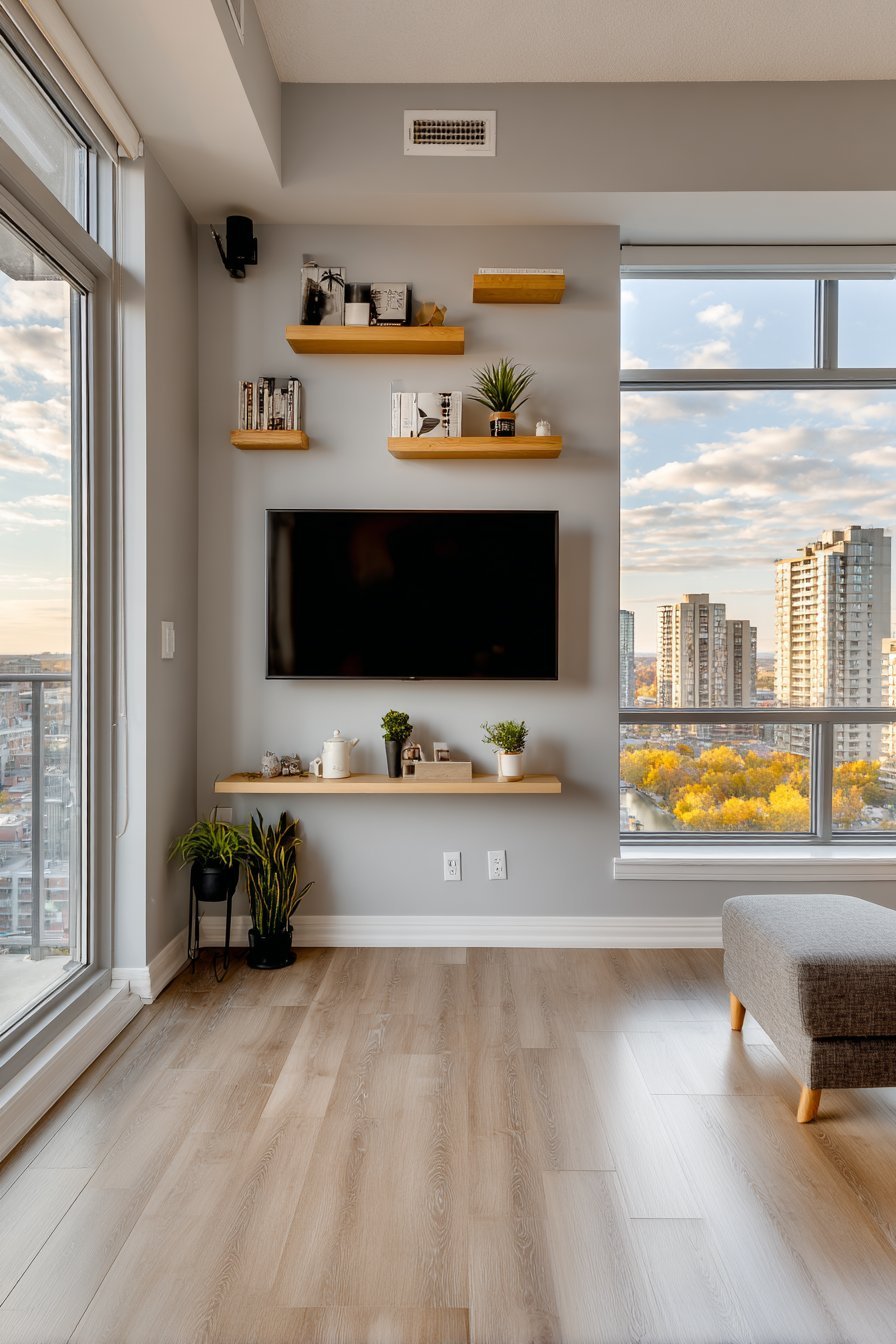 Light maple floating shelves in varied lengths around a wall-mounted TV on grey walls