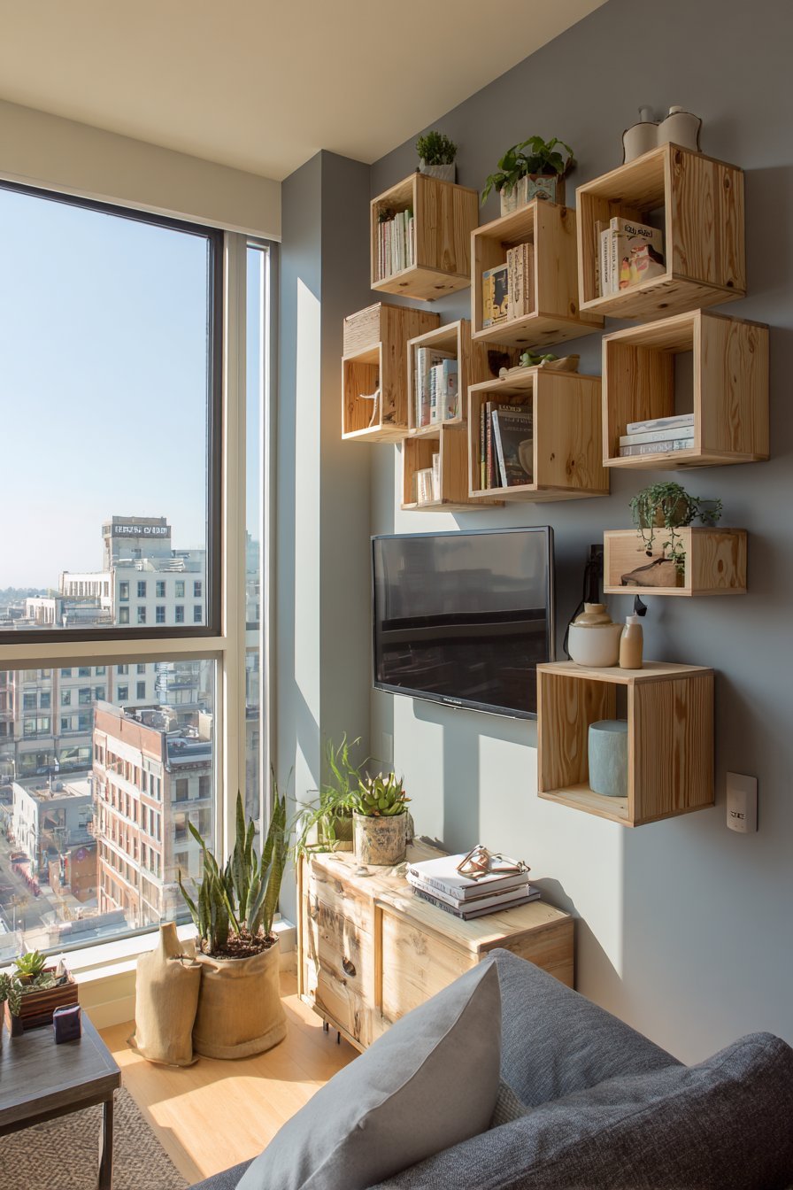 Light maple floating shelves in varied lengths around a wall-mounted TV on grey walls