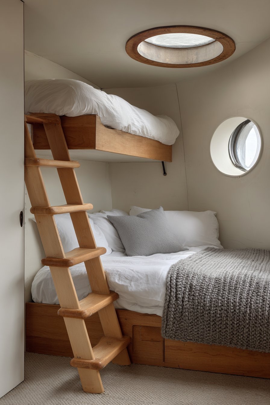 Tiny house loft bed reached by a maple ladder, with white sheets, grey knit blanket and a porthole window