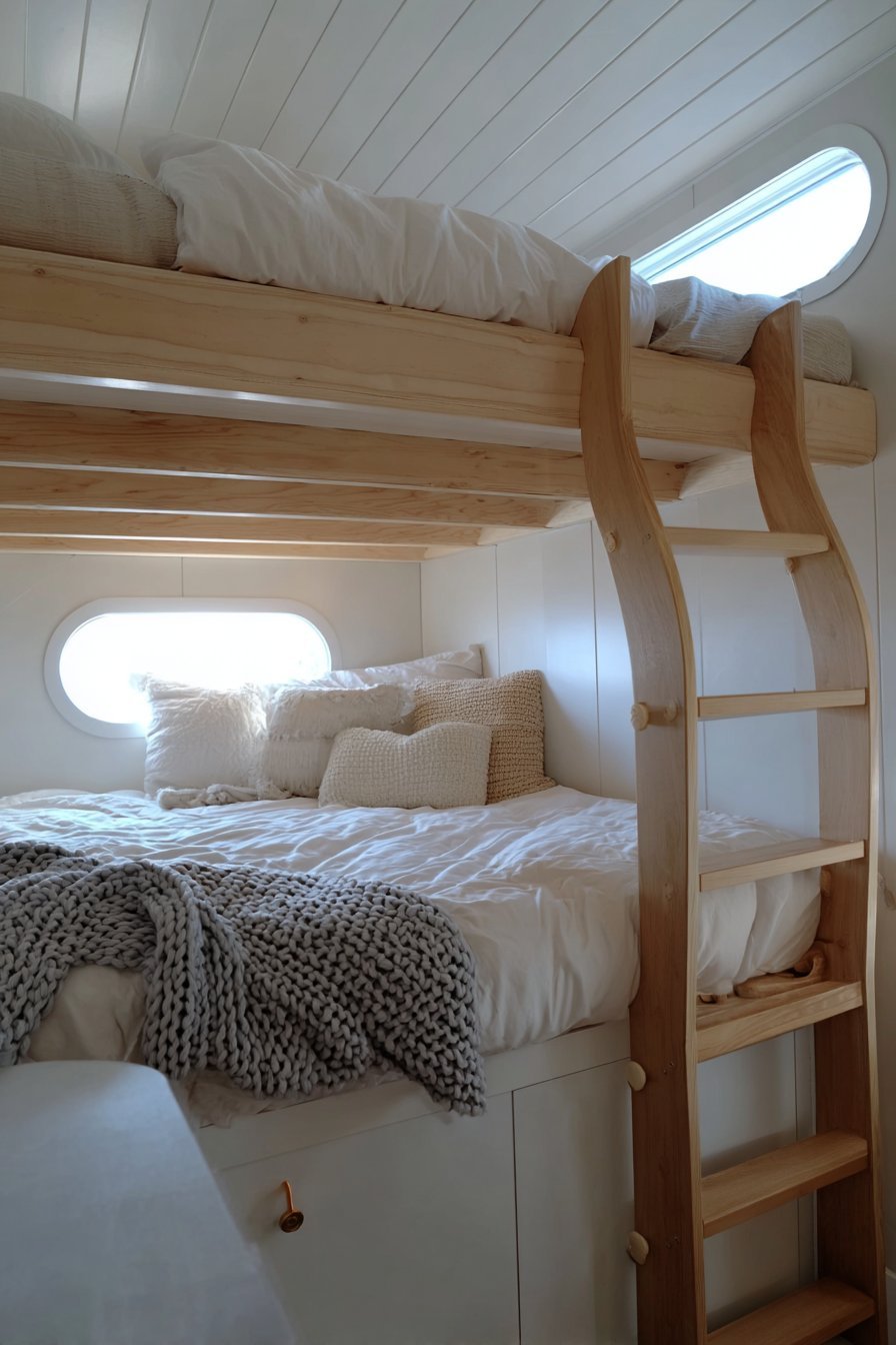 Tiny house loft bed reached by a maple ladder, with white sheets, grey knit blanket and a porthole window
