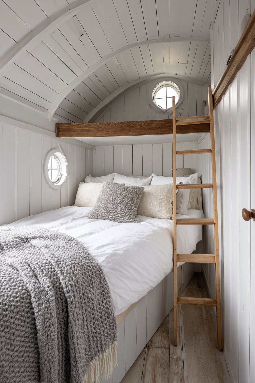 Tiny house loft bed reached by a maple ladder, with white sheets, grey knit blanket and a porthole window