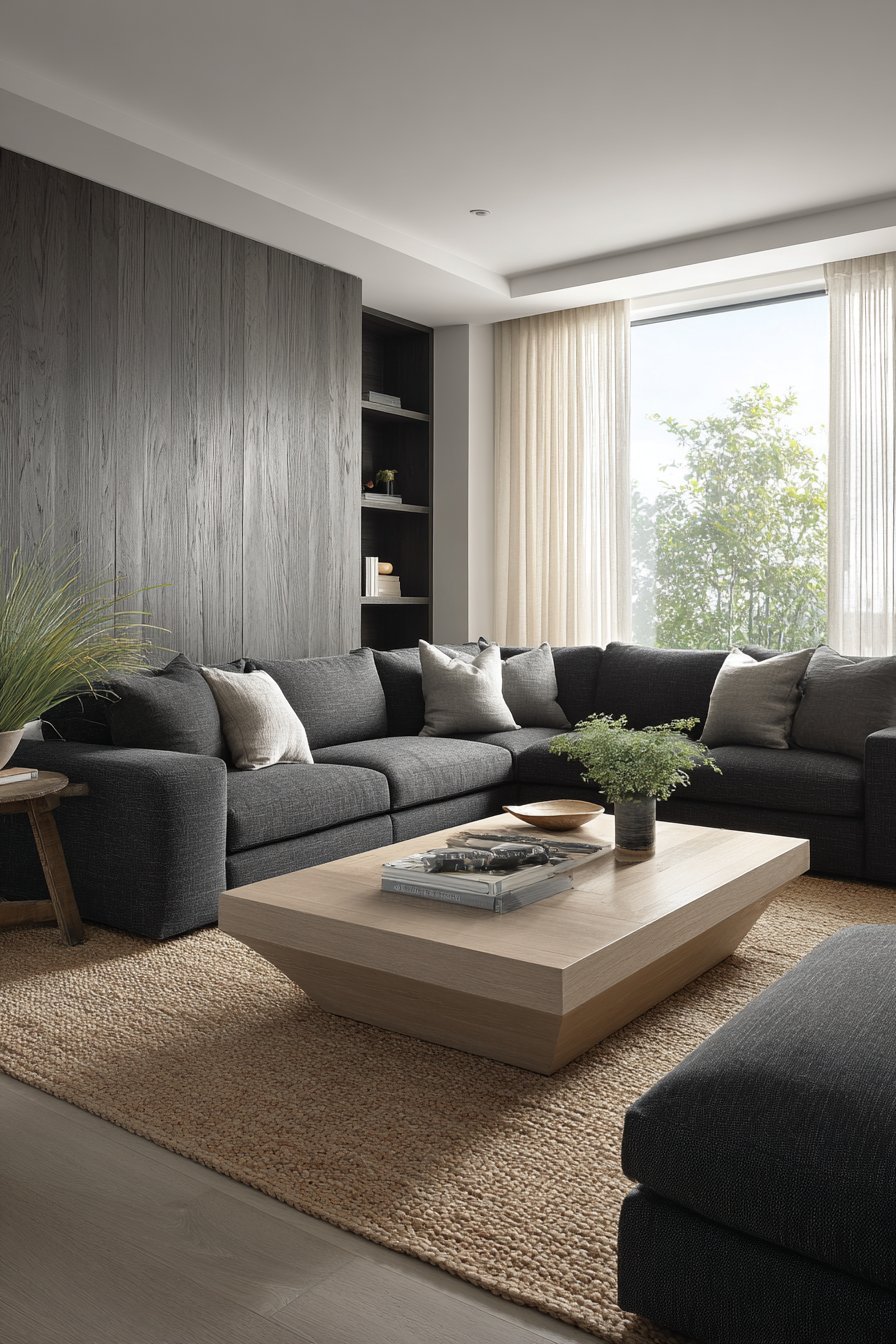Charcoal sectional with storage ottoman, waterfall-edge white oak coffee table and white built-in cabinets