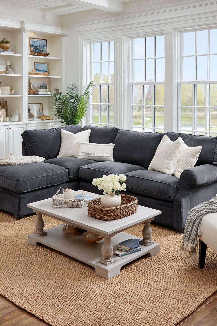 Charcoal sectional with storage ottoman, waterfall-edge white oak coffee table and white built-in cabinets