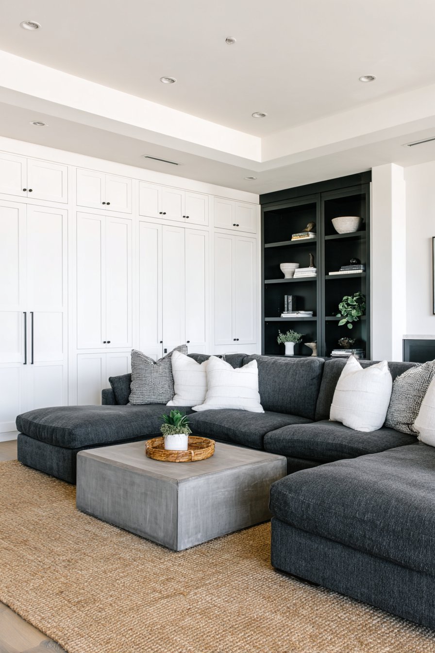 Charcoal sectional with storage ottoman, waterfall-edge white oak coffee table and white built-in cabinets
