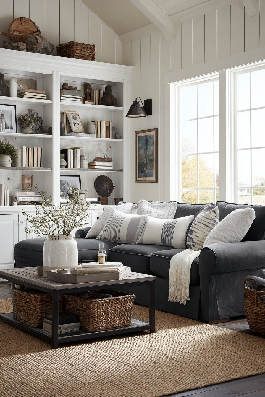 Charcoal sectional with storage ottoman, waterfall-edge white oak coffee table and white built-in cabinets