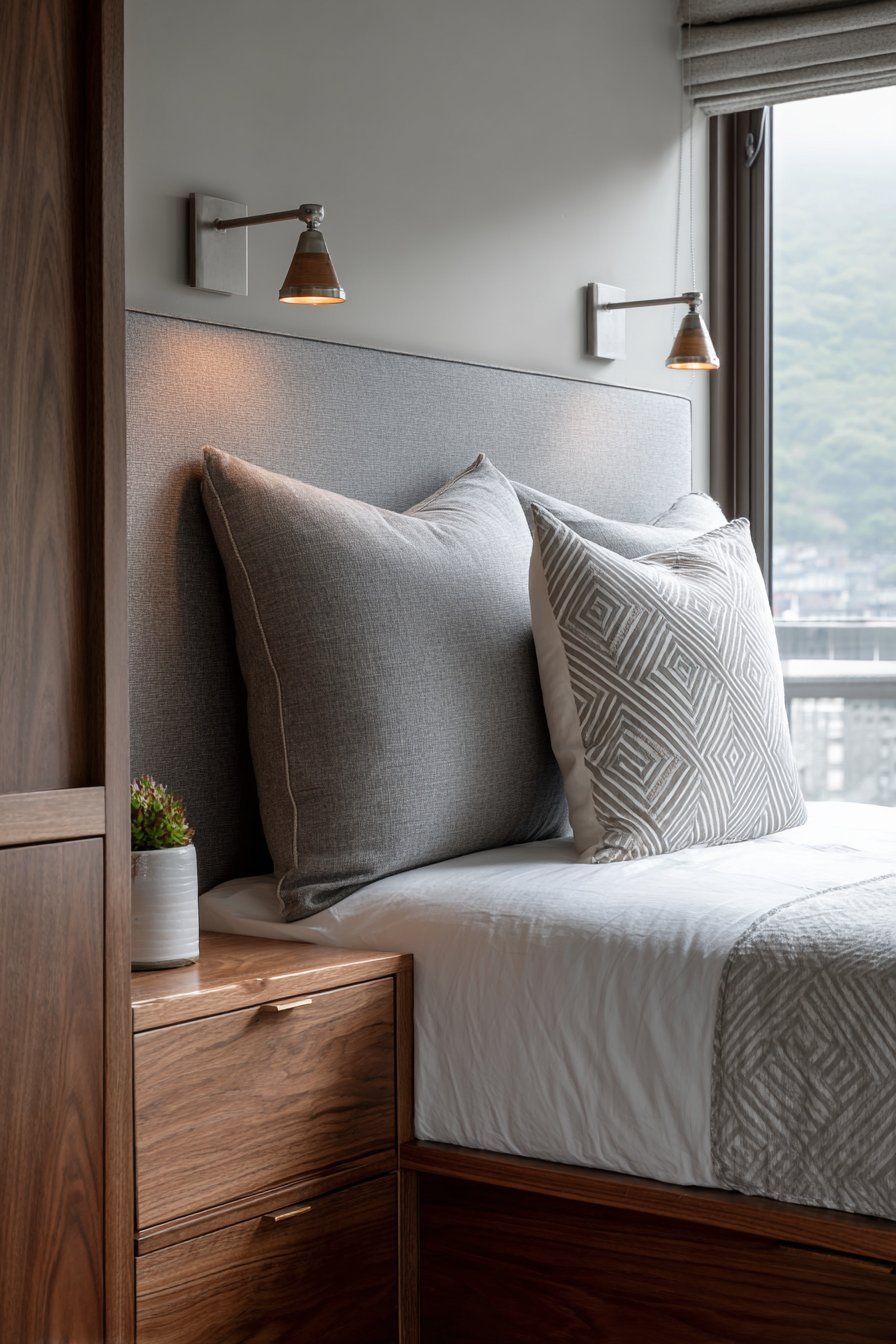 Walnut platform bed with low storage drawers, charcoal wall panel and brushed nickel swing-arm lights