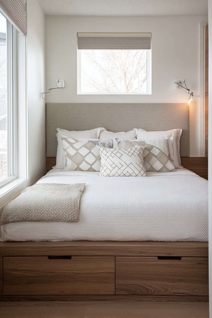 Walnut platform bed with low storage drawers, charcoal wall panel and brushed nickel swing-arm lights
