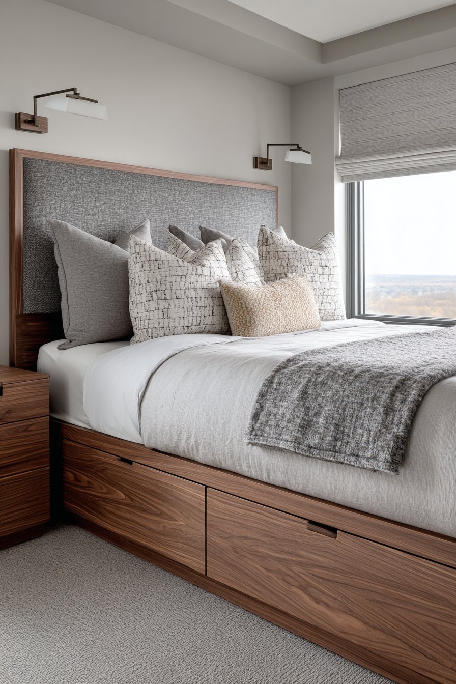 Walnut platform bed with low storage drawers, charcoal wall panel and brushed nickel swing-arm lights